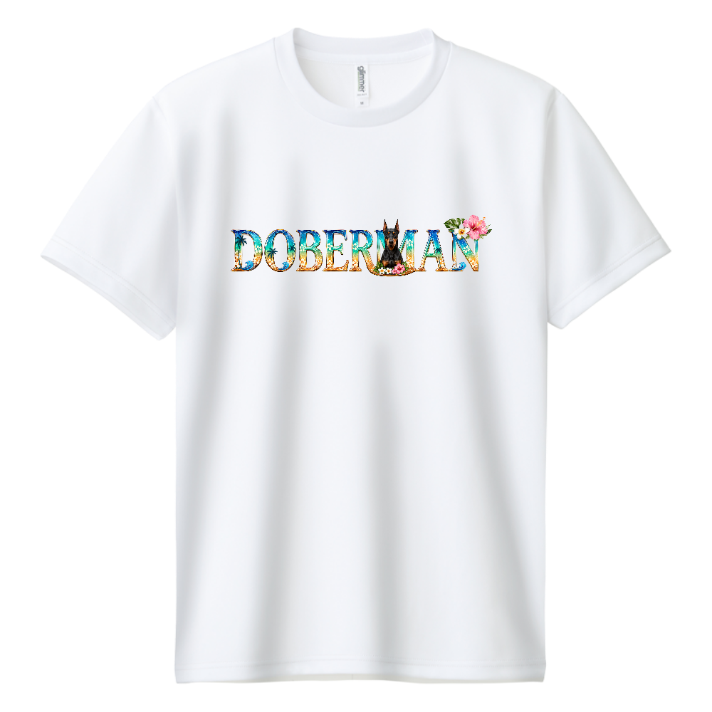 DOBERMAN ALOHA BLOOM – Summer Edition – 名前の意味 「ALOHA」は南国の温かさや癒し、「BLOOM」は花が美しく咲き誇る様子を表現。爽やかな海と南国の花々に囲まれたドーベルマンをイメージした、夏限定の華やかなデザインです。
