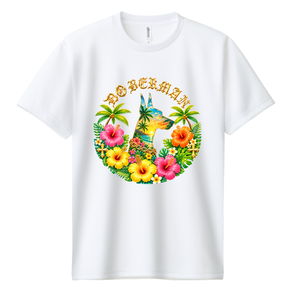 DOBERMAN ALOHA BLOOM GOLD™ ― Tropical Sunset Edition ― 名前の意味 「ALOHA」は南国の温かさや歓迎の気持ち、「BLOOM」は美しく咲き誇る花々、「GOLD」は高級感と輝きを表現。夕日に染まる海と南国の花々に包まれた、ラグジュアリーなドーベルマンデザインです。