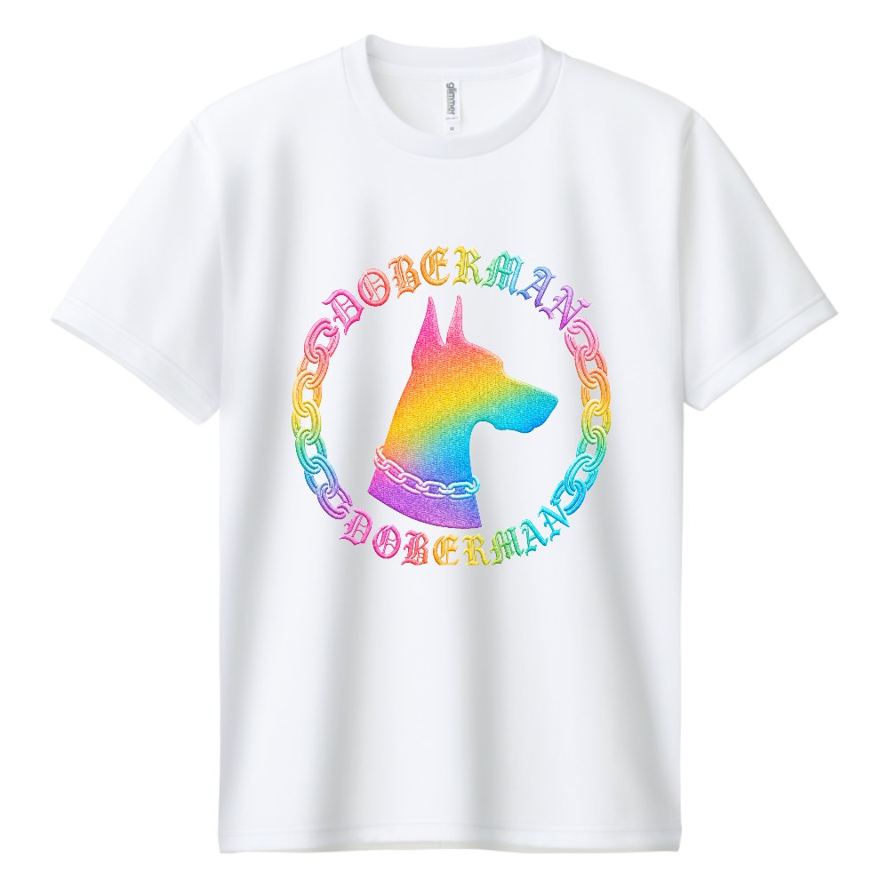 RAINBOW EDITION DOBERMAN PRISM LEGEND ― Rainbow Luxury Collection ― 七色の輝きを纏った唯一無二のドーベルマン。 自由・個性・未来への輝きを表現した特別なデザイン。 見る角度で表情を変える、アート感あふれるプレミアムTシャツ。