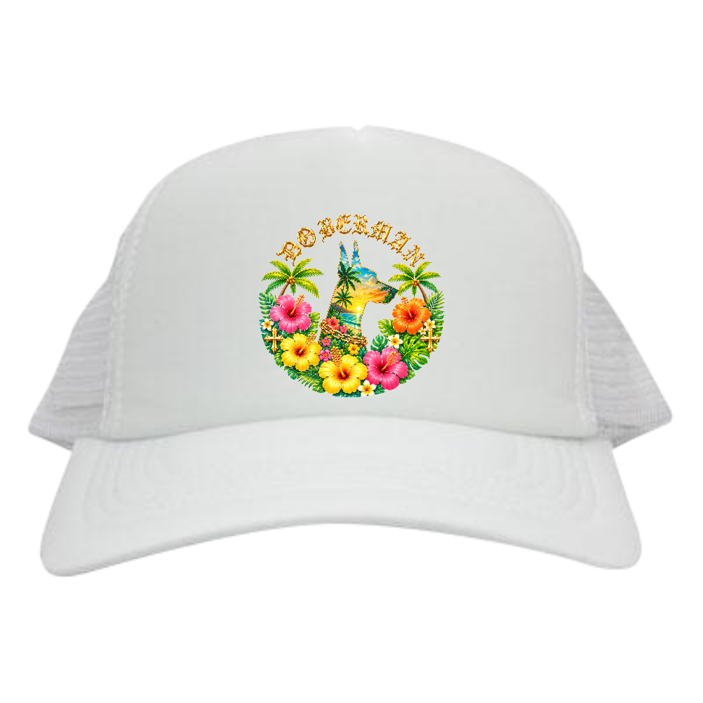 TROPICAL OCEAN DOBERMAN CAP (トロピカルオーシャン ドーベルマン キャップ) 商品名の意味 TROPICAL(南国)× OCEAN(海)× DOBERMAN(誇り高き存在) 南国の開放感と海の輝きを、ドーベルマンの力強さと高級感で表現した限定デザイン。