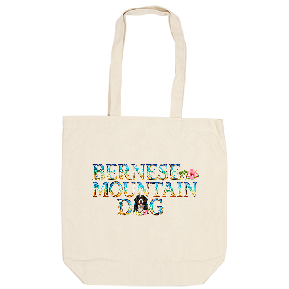 BERNESE MOUNTAIN DOG – Island Heritage Tote – 堂々としたバーニーズ・マウンテン・ドッグと南国の景色が融合した、高級感あふれるデザイン。