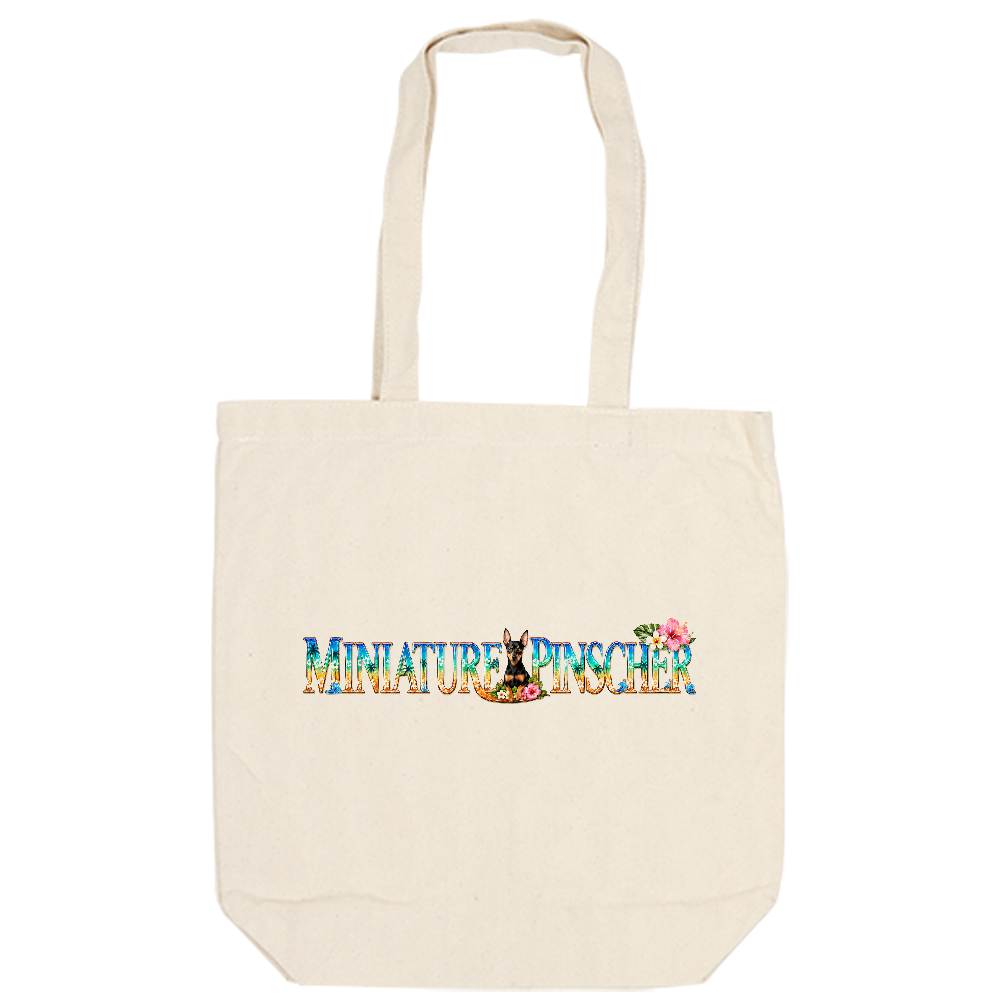 MINIATURE PINSCHER – Tropical Spirit Tote – 凛々しいミニチュアピンシャーを南国カラーで表現した、スタイリッシュな一枚。