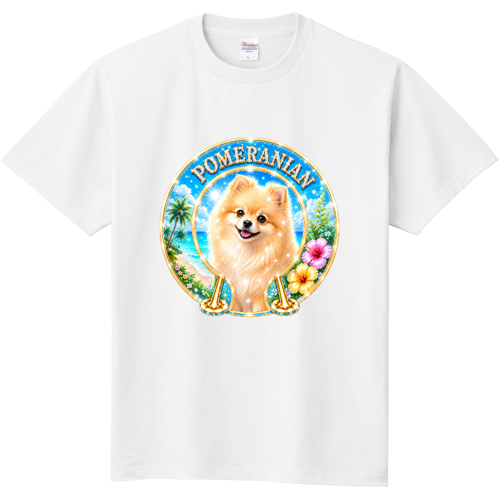 TROPICAL BIG PRINT TEE – ポメラニアン 南国リゾートをイメージしたラグジュアリーなビッグフロントプリントTシャツ。