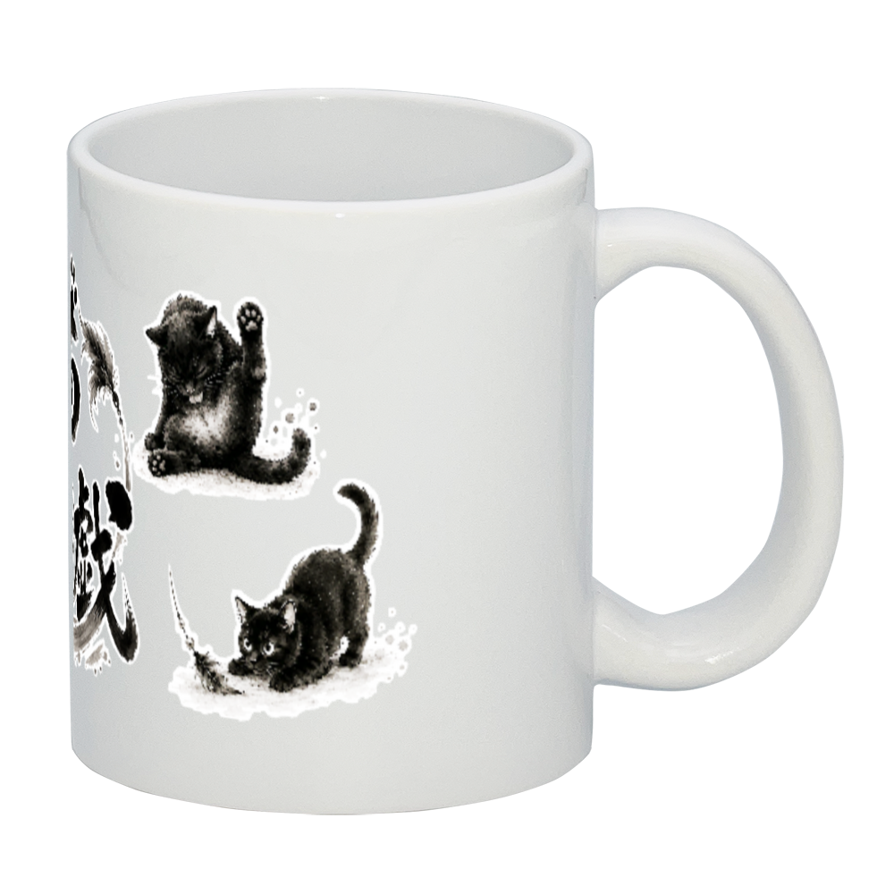 猫遊戯（すやすや・のびー・毛づくろい・ねらい）｜黒猫4ポーズ 水墨画