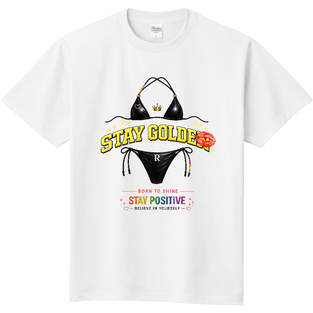 STAY GOLDEN セクシービキニロゴ 3Dポップアート Y2KガールズストリートTシャツ