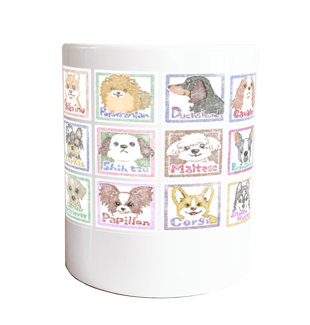 24種のワンちゃん勢ぞろい！犬イラストマグカップ｜どこから見ても可愛いデザイン