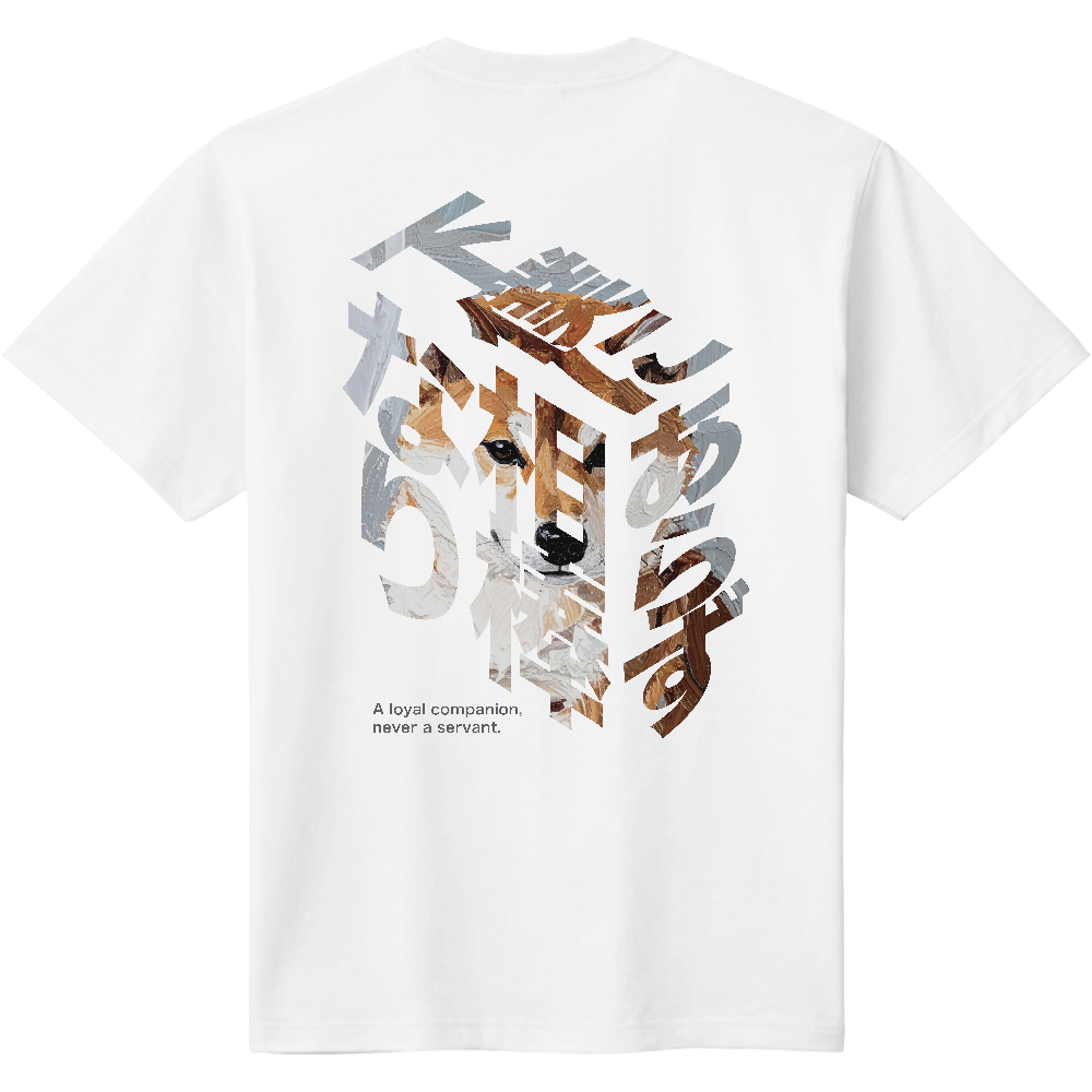 背面プリント｜ブロック文字「下僕にあらず相棒なり」【キリリ柴】／柴犬 Tシャツ［5.6oz］