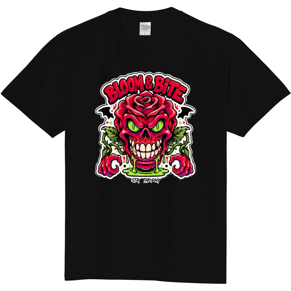 Bloom & Bite Rose Skull Monster - Edgy Streetwear Graphic T-Shirt