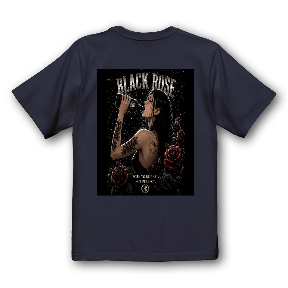 BLACK ROSE｜雨に濡れる薔薇と女性 バックプリントTシャツ