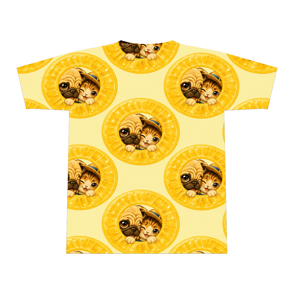 ふくまるとこはる「アメの日」全面プリント総柄Tシャツ（Lサイズ）