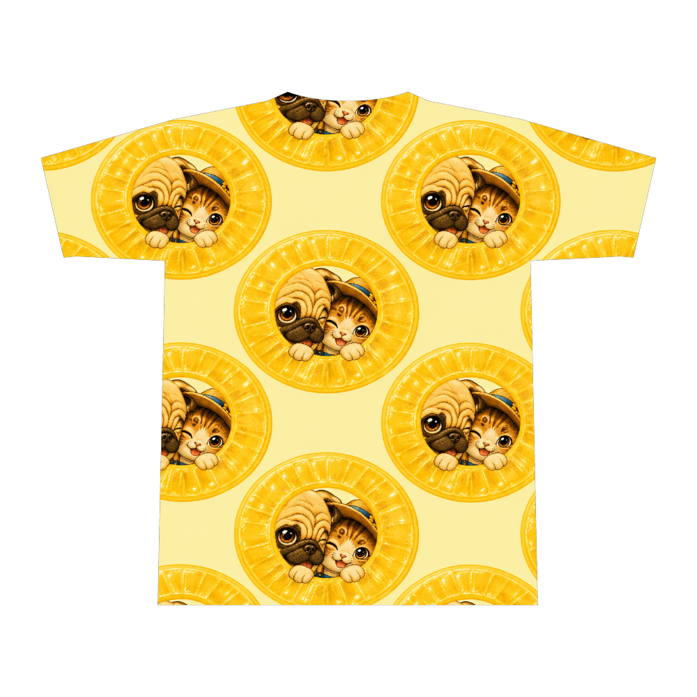 ふくまるとこはる「アメの日」全面プリント総柄Tシャツ（Sサイズ）