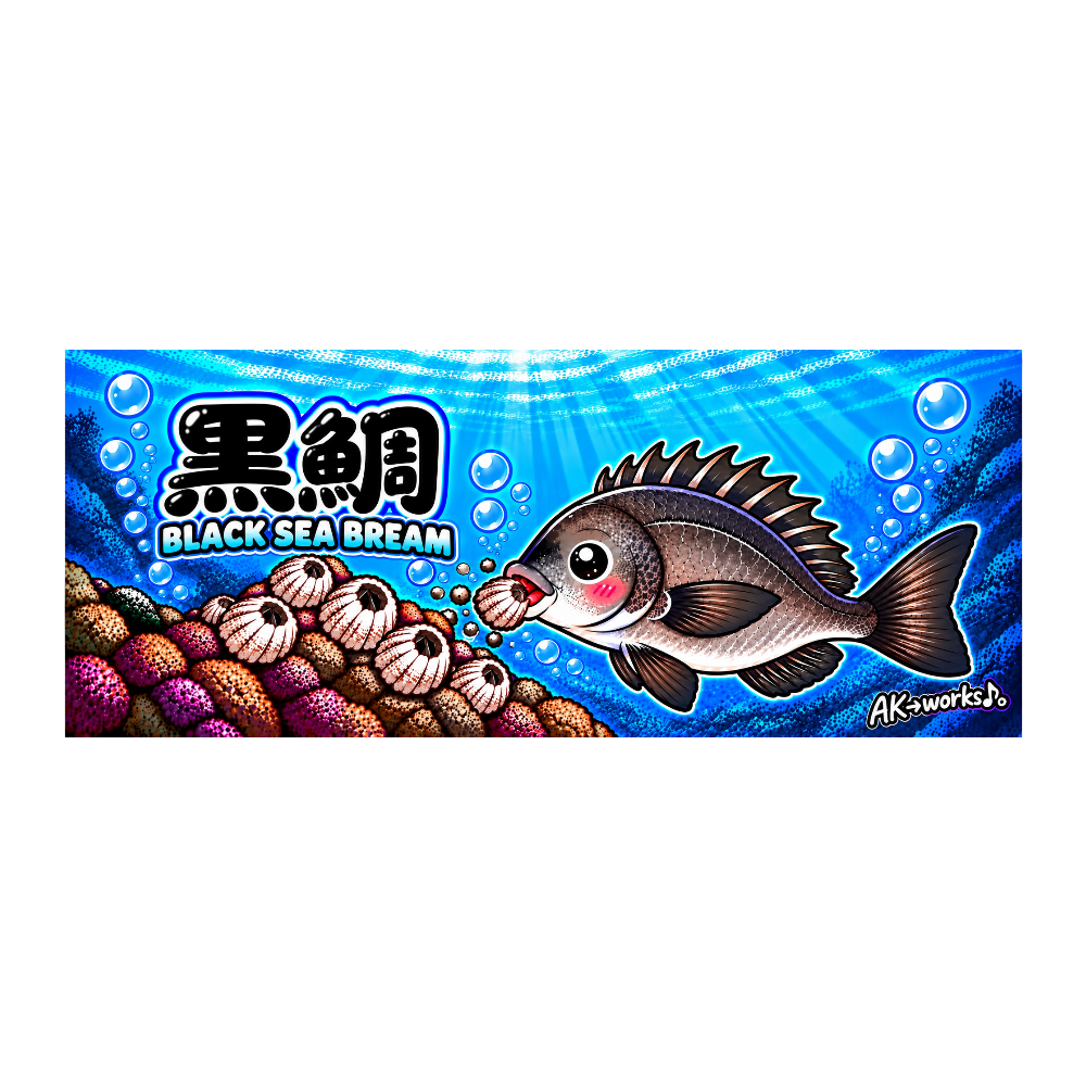 黒鯛 BLACK SEA BREAM|かわいい黒鯛の海中イラスト タオル(フジツボ)