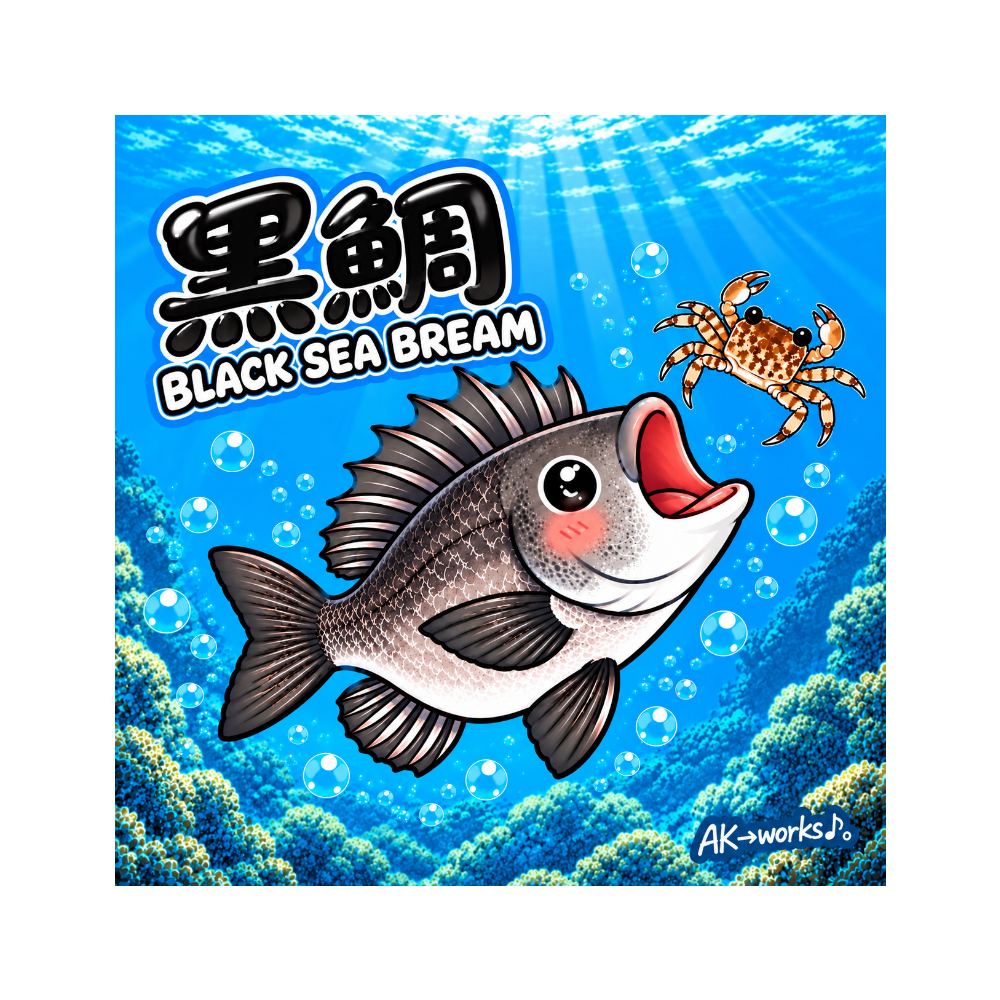 黒鯛 BLACK SEA BREAM|かわいい黒鯛の海中イラスト ミニハンカチタオル(カニ)