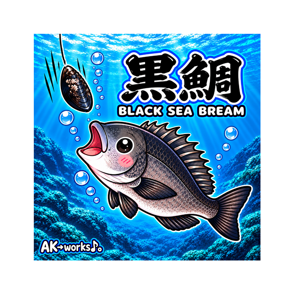 黒鯛 BLACK SEA BREAM|かわいい黒鯛の海中イラスト ミニハンカチタオル(カラス貝)