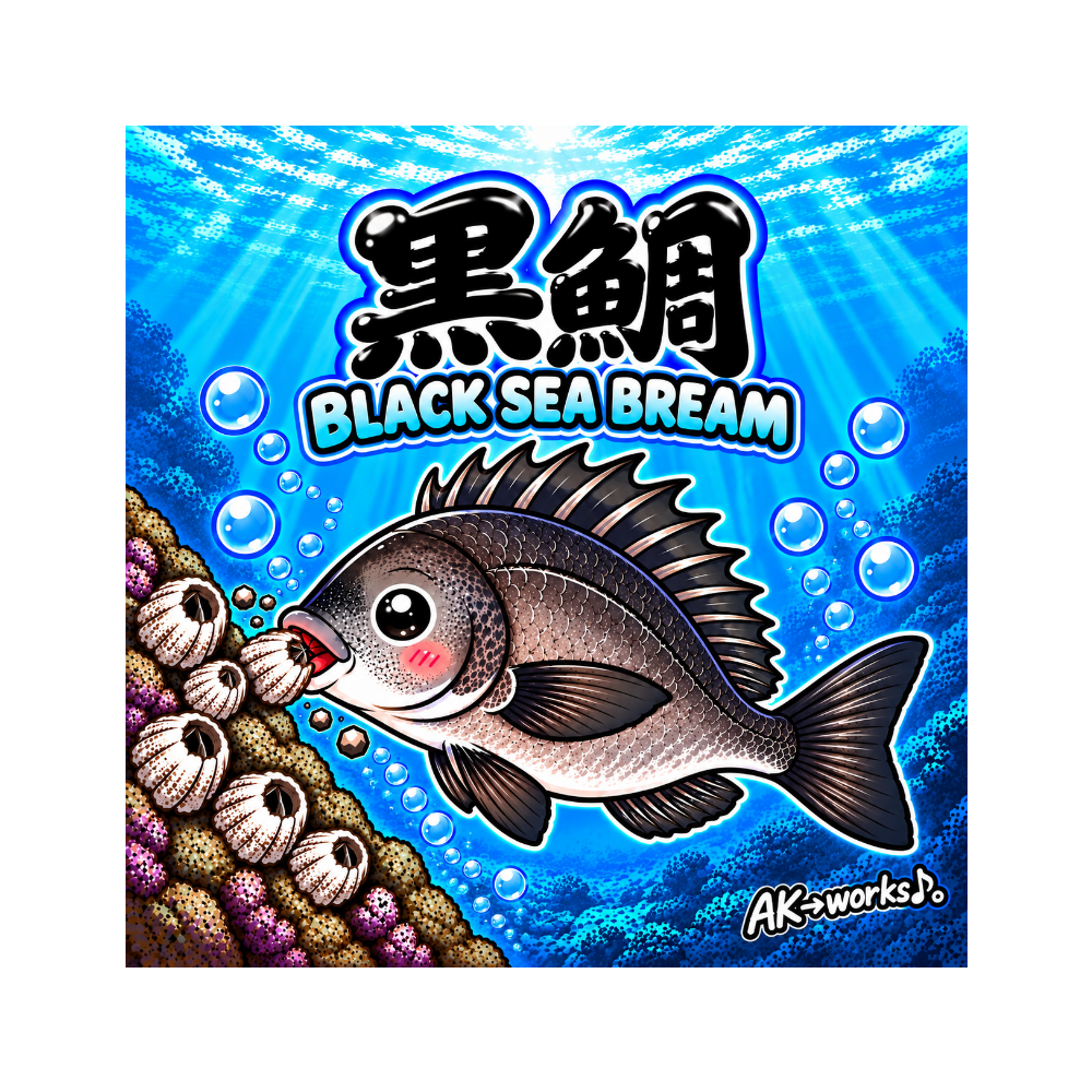 黒鯛 BLACK SEA BREAM|かわいい黒鯛の海中イラスト ミニハンカチタオル(フジツボ)