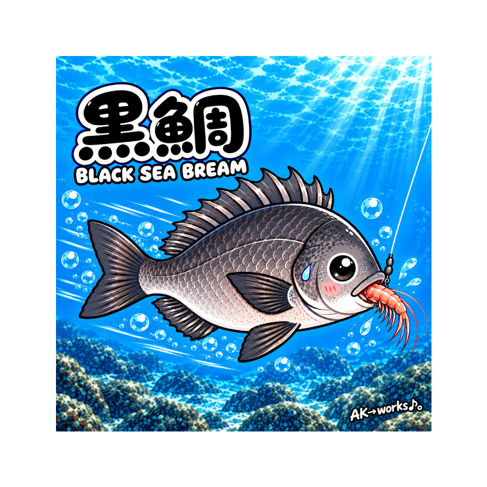 黒鯛 BLACK SEA BREAM|かわいい黒鯛の海中イラスト ミニハンカチタオル(エビ)