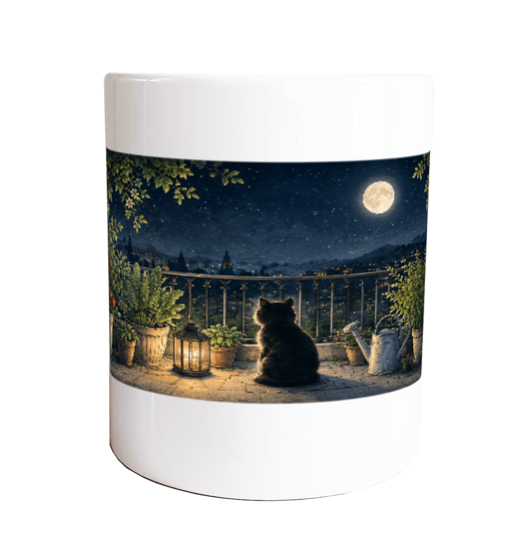 月夜のベランダ菜園と黒猫