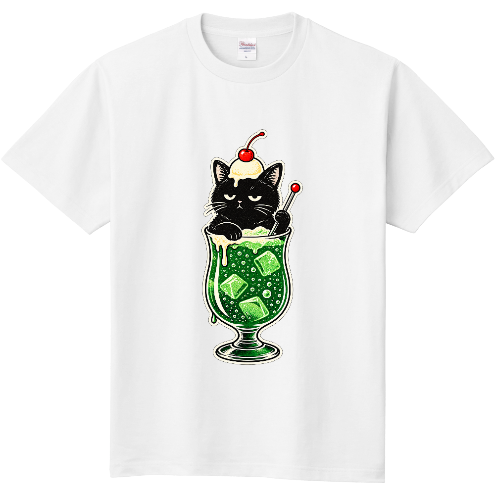 不機嫌な黒猫のクリームソーダTシャツ