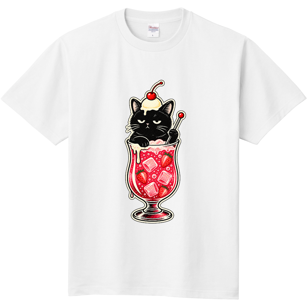 不機嫌な黒猫のいちごソーダTシャツ