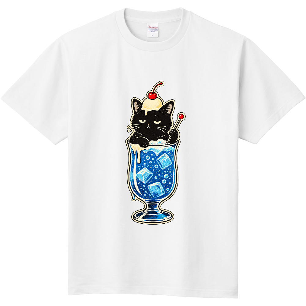 不機嫌な黒猫のブルーソーダTシャツ