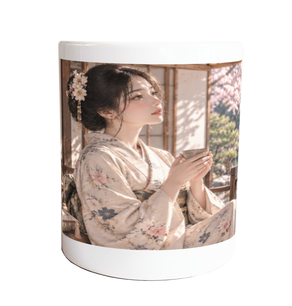 お茶を嗜む美女、春の日本庭園