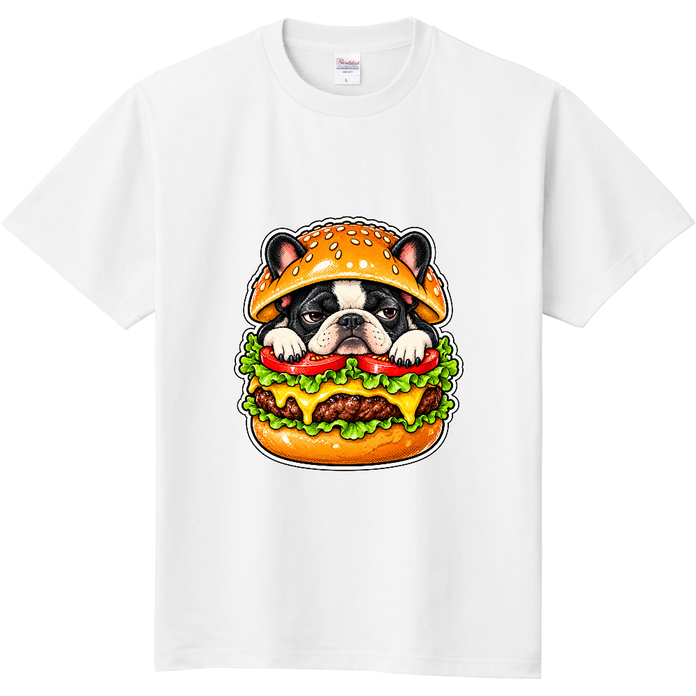 不機嫌なフレンチブルドッグのチーズバーガーTシャツ