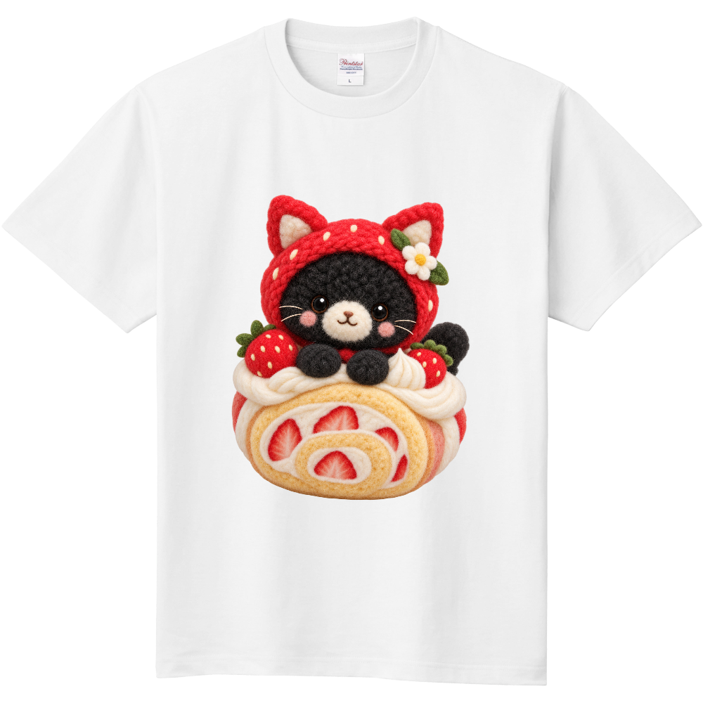 いちごロールケーキ黒猫 Tシャツ|ふわふわニットキャット