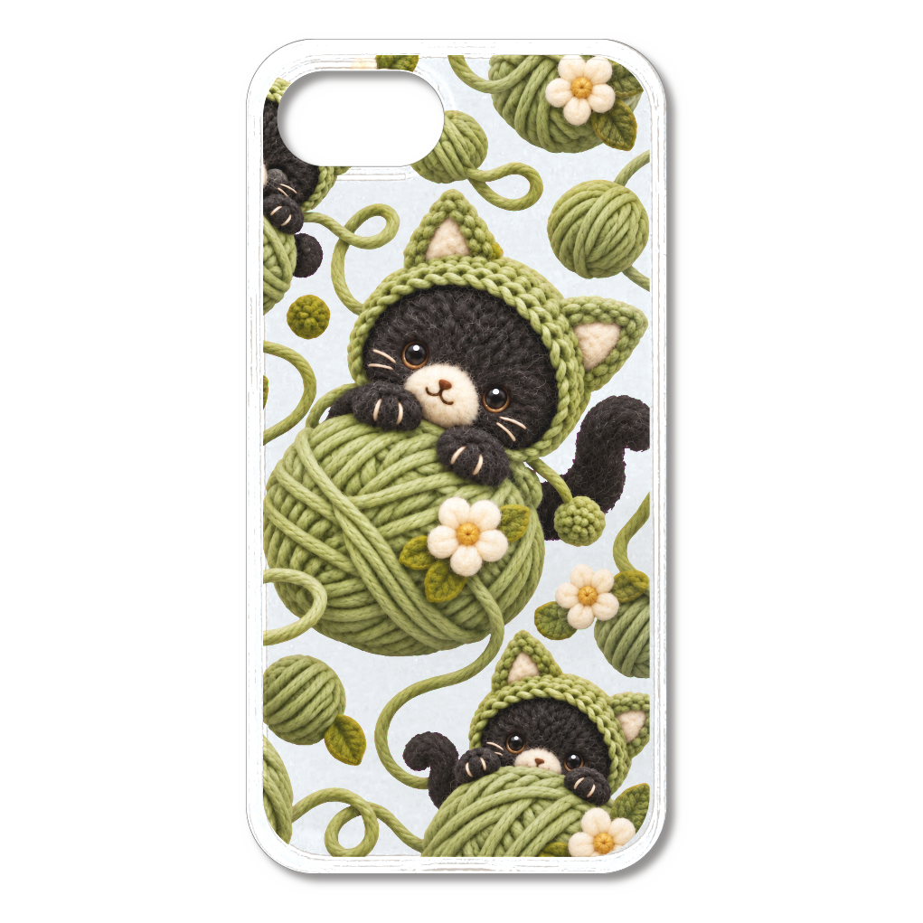 毛糸玉にすっぽり黒猫のスマホケース