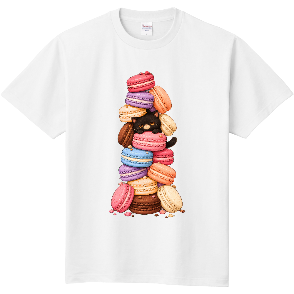 不機嫌な黒猫とカラフルマカロンタワーTシャツ