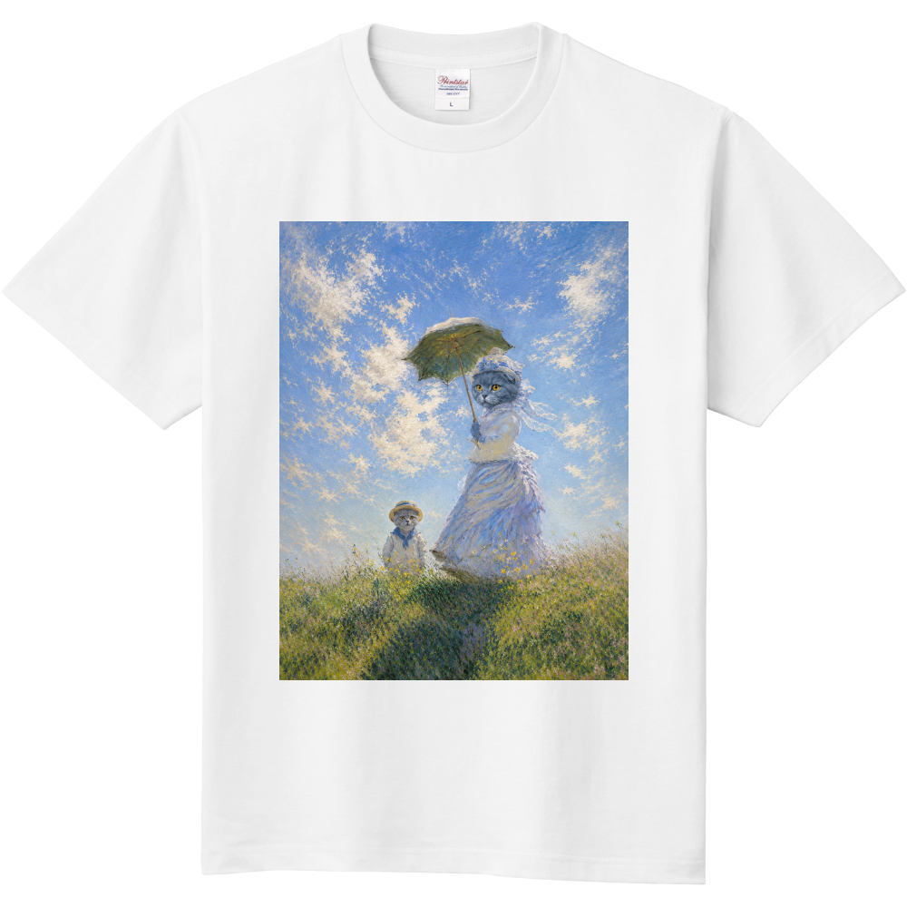 モネ風 日傘をさす猫の親子 名画アートTシャツ