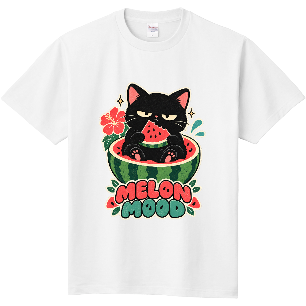不機嫌黒猫のスイカ気分｜MELON MOOD Tシャツ