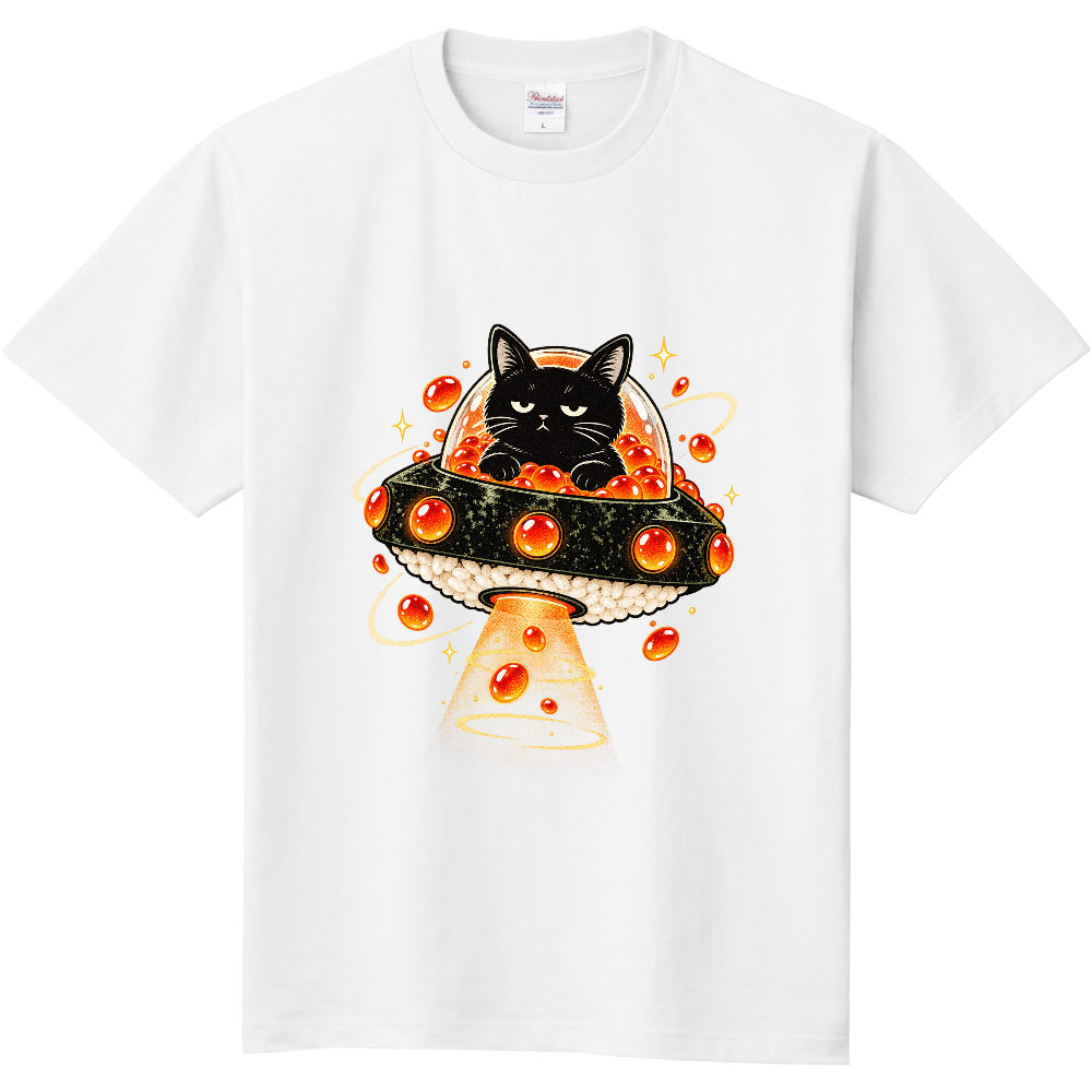 Ikura UFO Black Cat T-Shirt / イクラ軍艦UFOと不機嫌な黒猫 Tシャツ