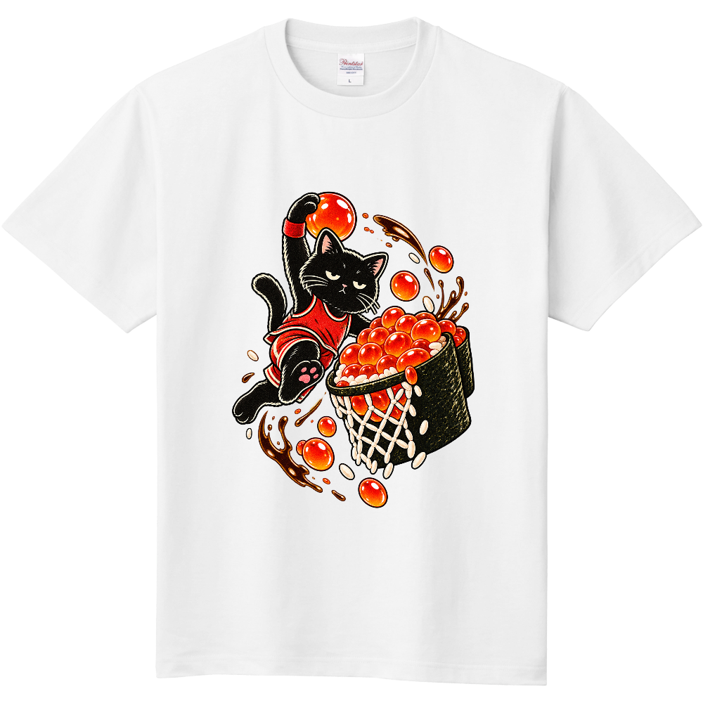 Salmon Roe Dunk Cat T-Shirt / 黒猫 いくら軍艦 スラムダンク ストリートグラフィック Tシャツ