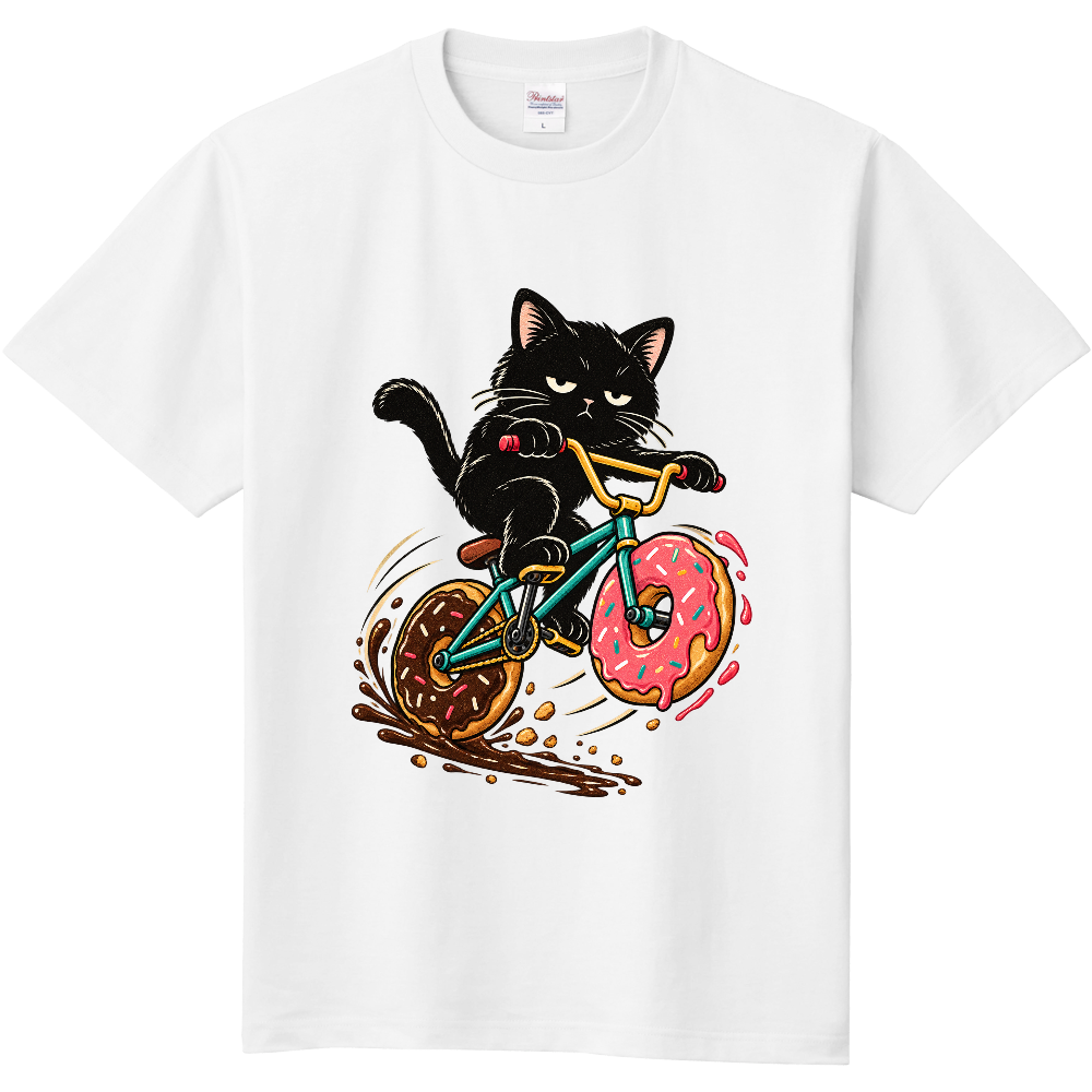 Donut Rider Cat T-Shirt / 黒猫 ドーナツ自転車 BMX ストリートグラフィック Tシャツ