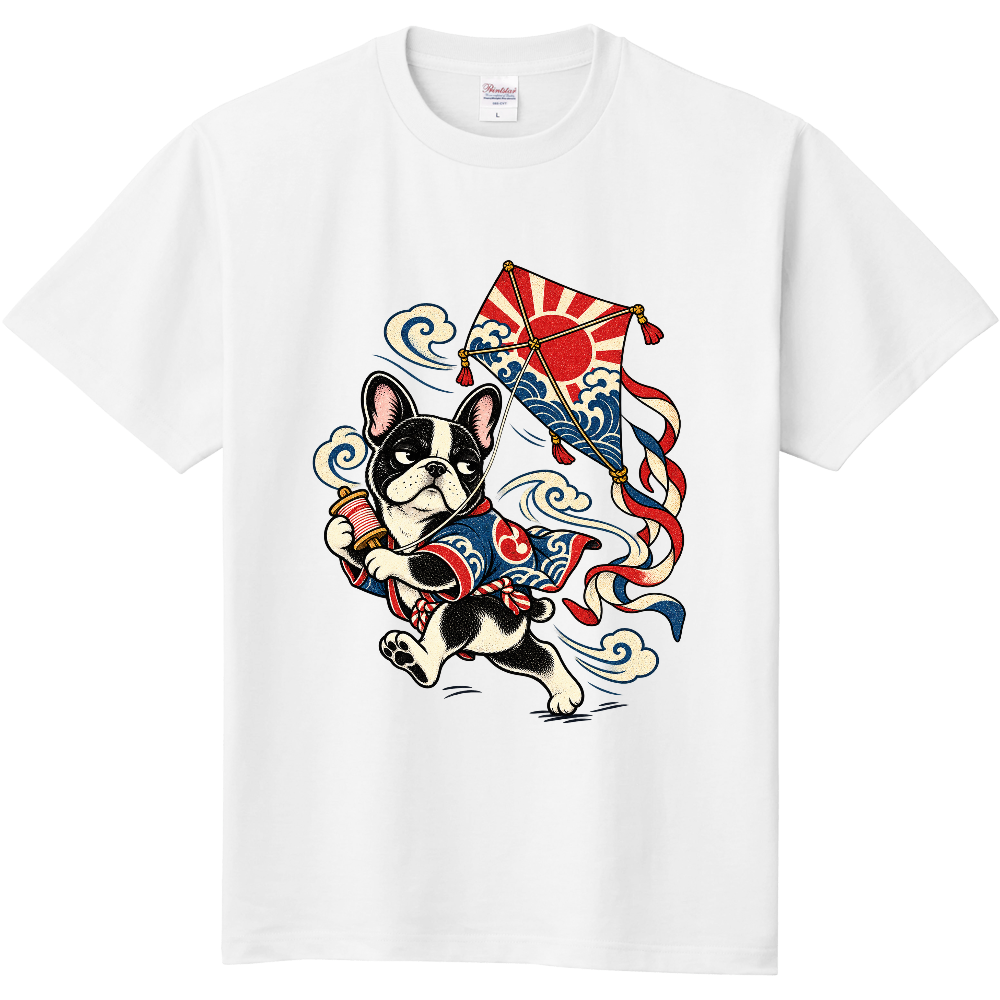 Japanese Kite French Bulldog T-Shirt / フレンチブルドッグ 凧揚げ 浮世絵 和柄 和風グラフィック Tシャツ