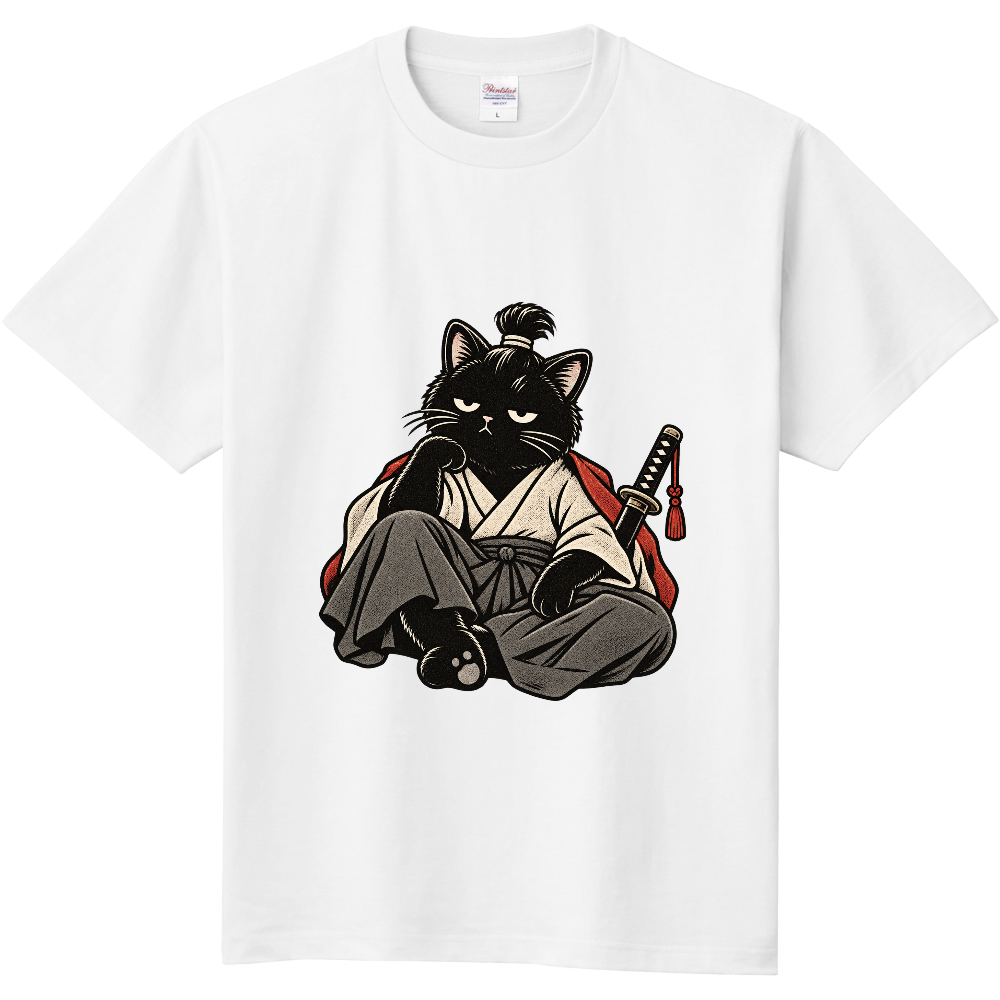 Samurai Black Cat T-Shirt / 黒猫 侍 和風 浮世絵 和柄グラフィック Tシャツ