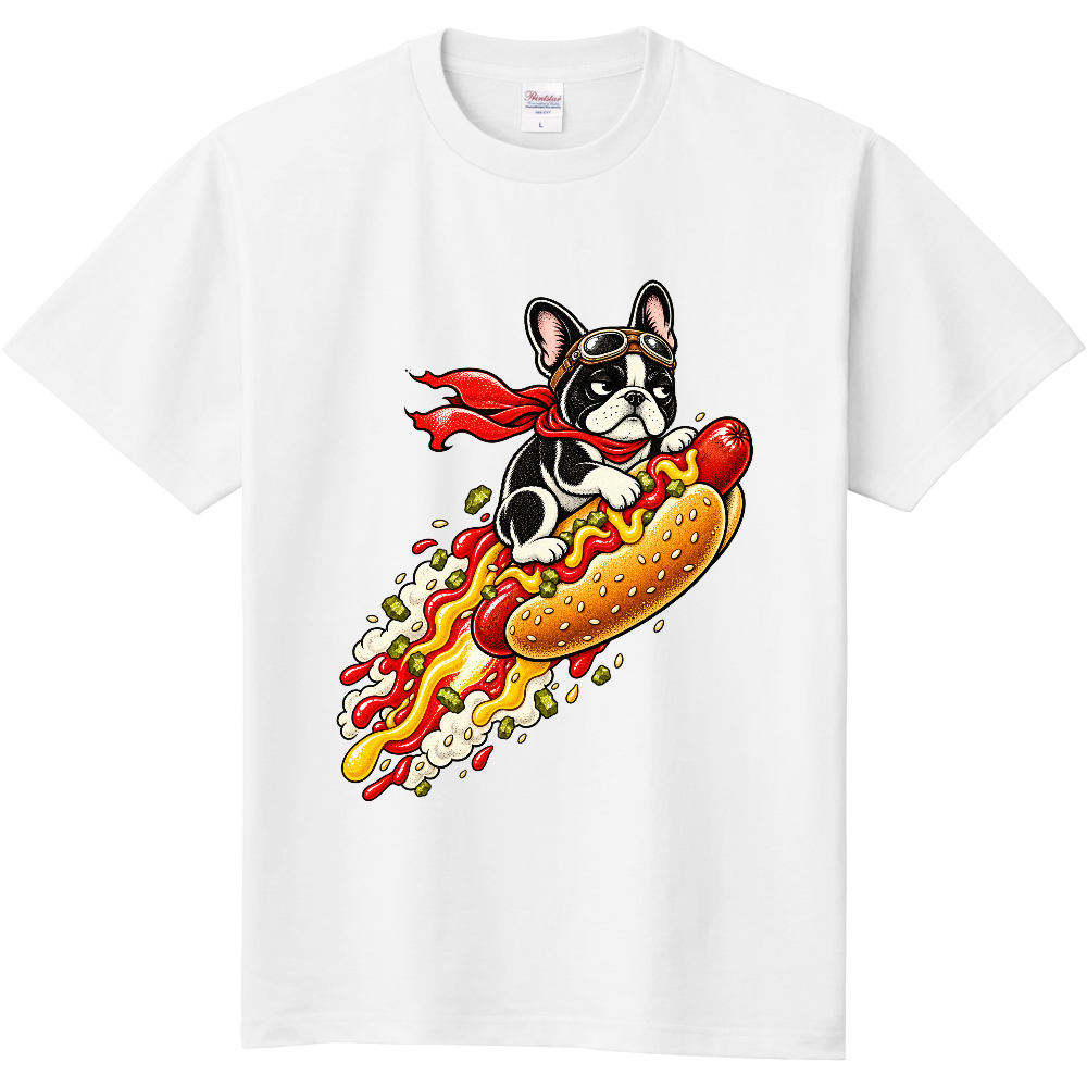 Flying Hot Dog French Bulldog T-Shirt / フレンチブルドッグ ホットドッグ ロケット ポップアート Tシャツ