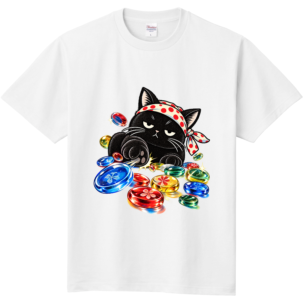 Grumpy Black Cat Ohajiki T-Shirt / 昭和レトロおはじきと不機嫌な黒猫 Tシャツ