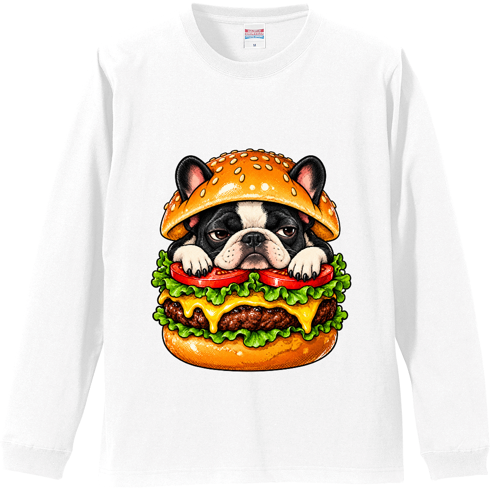 Grumpy French Bulldog Burger Long Sleeve T-Shirt / ハンバーガーとジト目フレブル ロンT