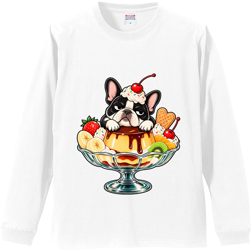 Grumpy French Bulldog Pudding ala Mode Long Sleeve T-Shirt / プリンアラモードとジト目フレブル ロンT