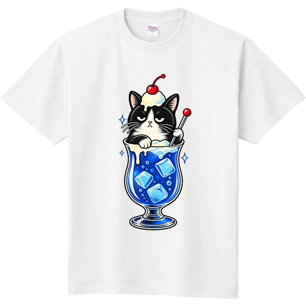 Grumpy Bicolor Cat Blue Soda Float T-Shirt / ブルーソーダフロートと不機嫌なハチワレ猫 Tシャツ