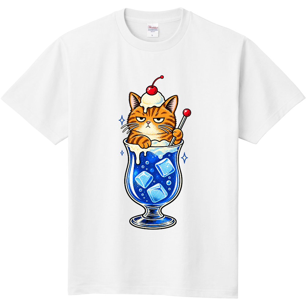 Grumpy Orange Tabby Cat Blue Soda Float T-Shirt / ブルーソーダフロートと不機嫌な茶トラ猫 Tシャツ