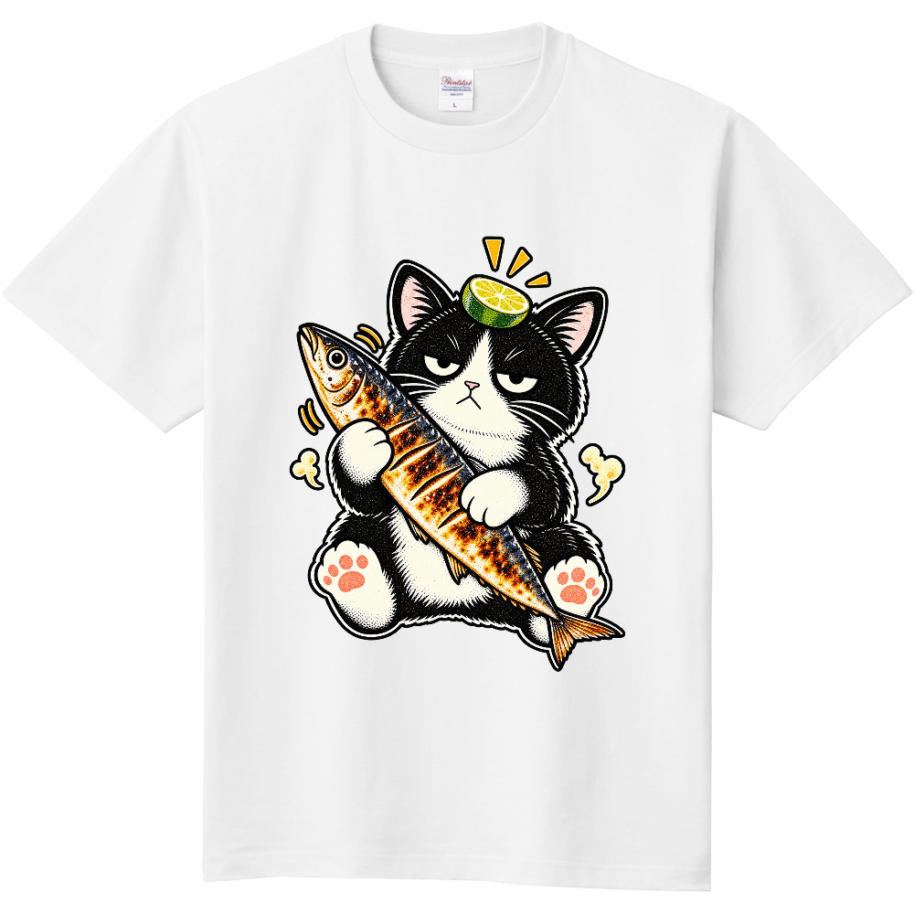 Grumpy Bicolor Cat Grilled Fish T-Shirt / 焼き魚と不機嫌なハチワレ猫 Tシャツ