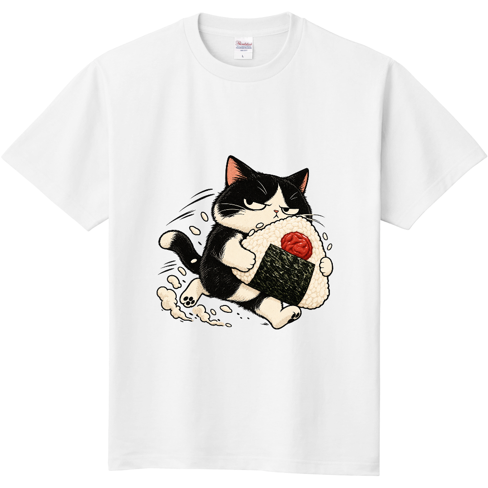 Grumpy Bicolor Cat Dashing Onigiri Thief T-Shirt / ダッシュするおにぎり泥棒と不機嫌なハチワレ猫 Tシャツ