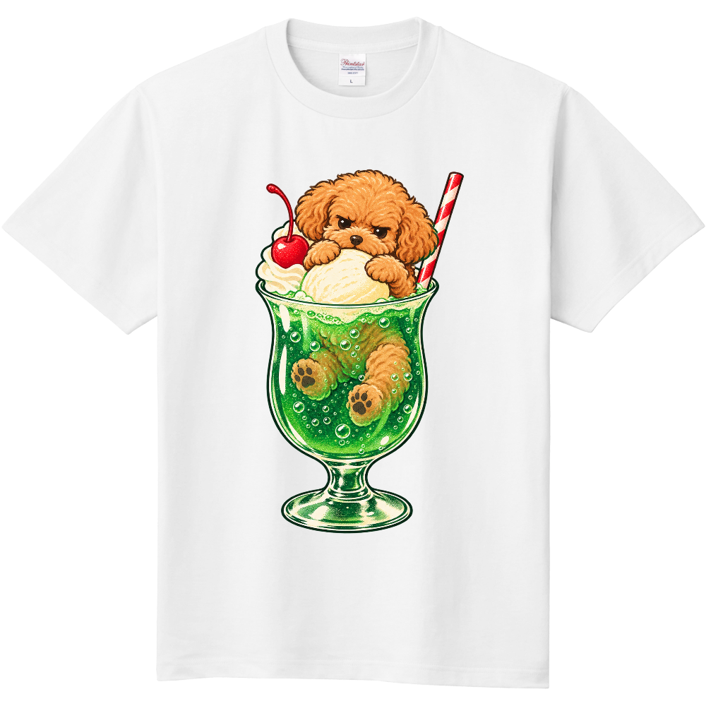 Grumpy Toy Poodle Melon Soda Float with Cherry T-Shirt / 純喫茶メロンクリームソーダにすっぽりハマった不機嫌なトイプードル Tシャツ