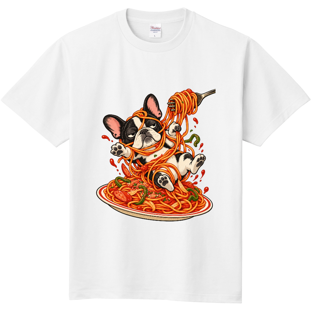 Grumpy French Bulldog Spaghetti Neapolitan T-Shirt / 昔ながらのナポリタンに絡まった不機嫌なフレンチブルドッグ Tシャツ