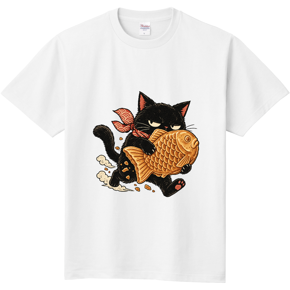 Grumpy Black Cat Dashing Taiyaki Thief T-Shirt / 風呂敷を巻いてダッシュするたい焼き泥棒な不機嫌黒猫 Tシャツ