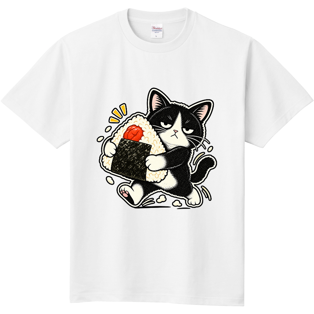 Grumpy Bicolor Cat Onigiri Thief T-Shirt / おにぎり泥棒と不機嫌なハチワレ猫 Tシャツ