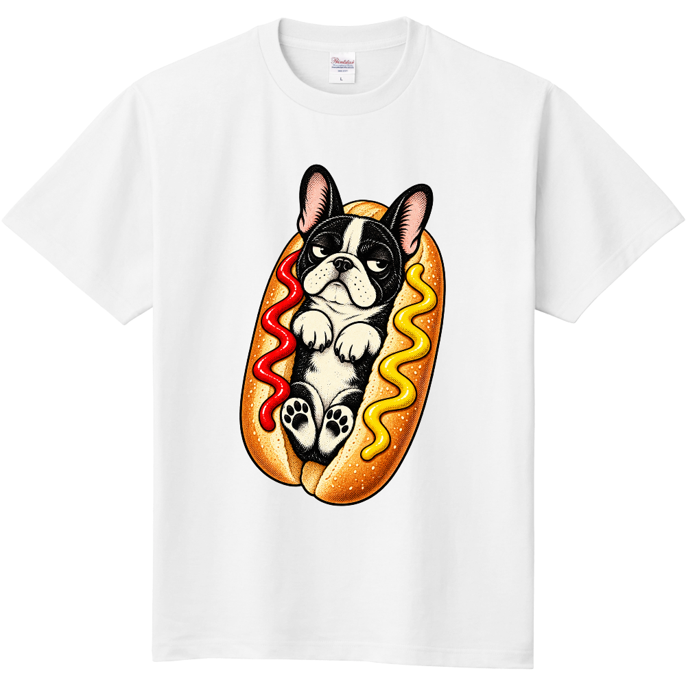 Grumpy French Bulldog Simple Hot Dog T-Shirt / シンプルホットドッグと不機嫌なフレンチブルドッグ Tシャツ