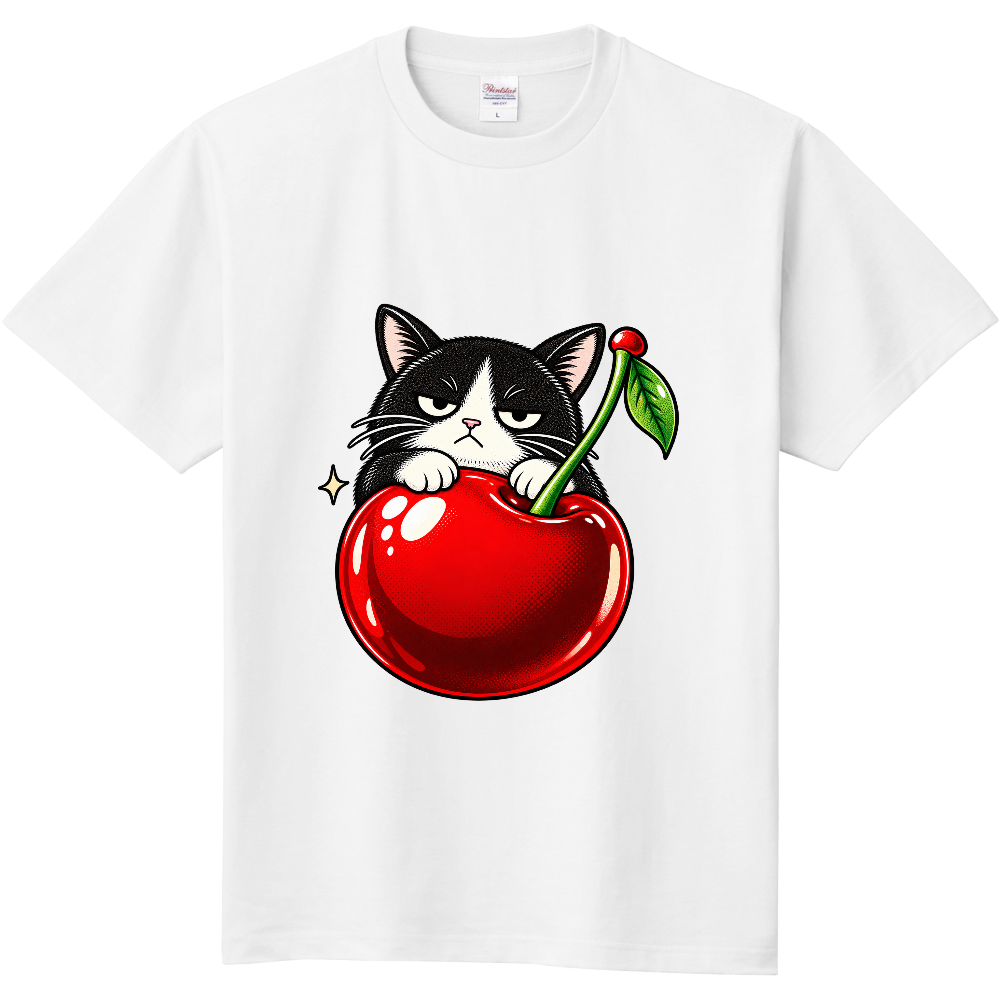Grumpy Bicolor Cat Big Cherry T-Shirt / 鮮やかなチェリーに乗った不機嫌なハチワレ猫 Tシャツ